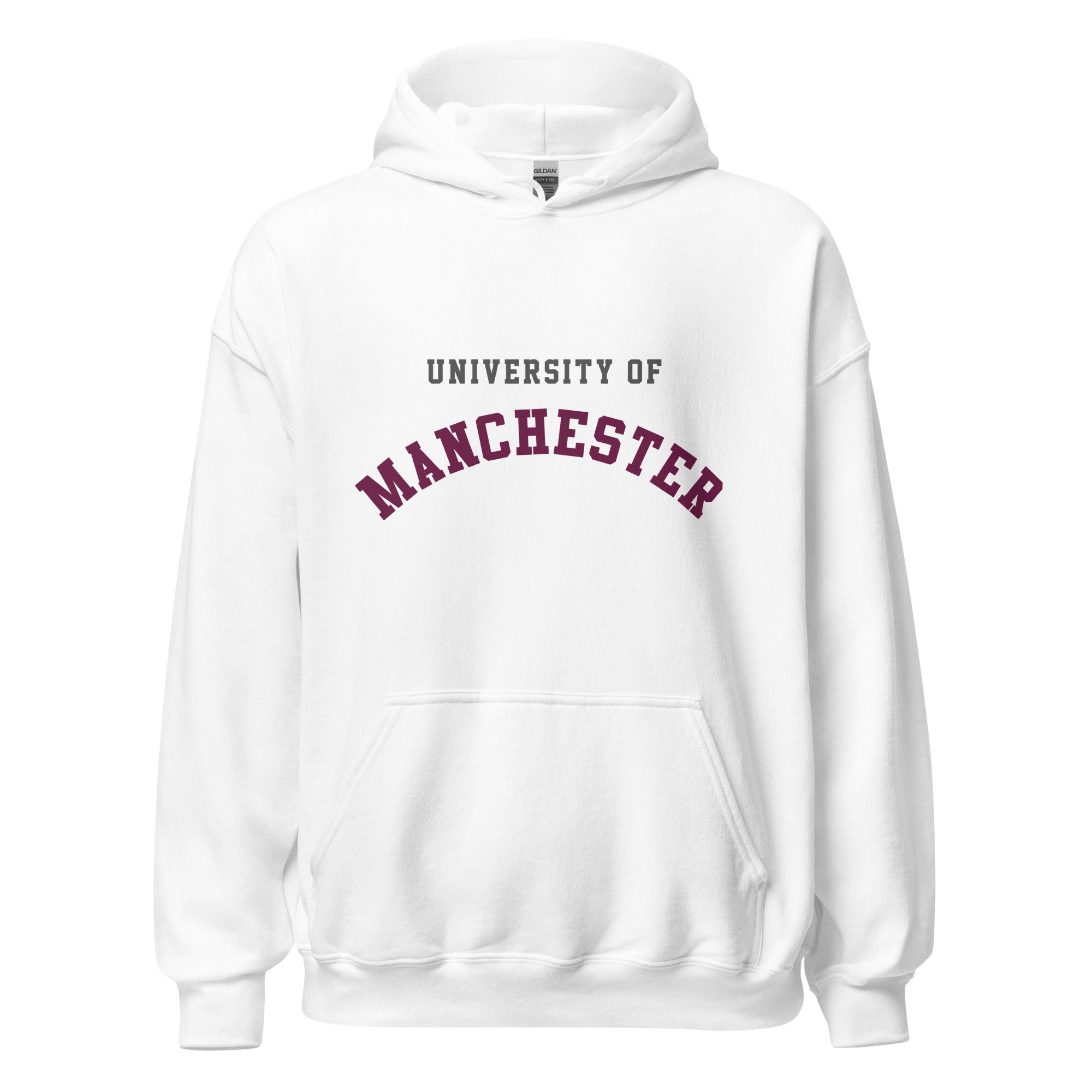 Unisex navy blue hoodie featuring University of Manchester logo printed across the front chest