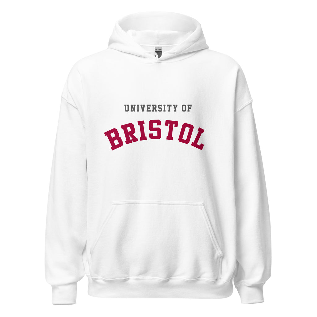 Unisex navy blue hoodie featuring University of Bristol logo printed across the front chest
