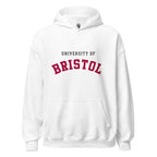 Unisex navy blue hoodie featuring University of Bristol logo printed across the front chest