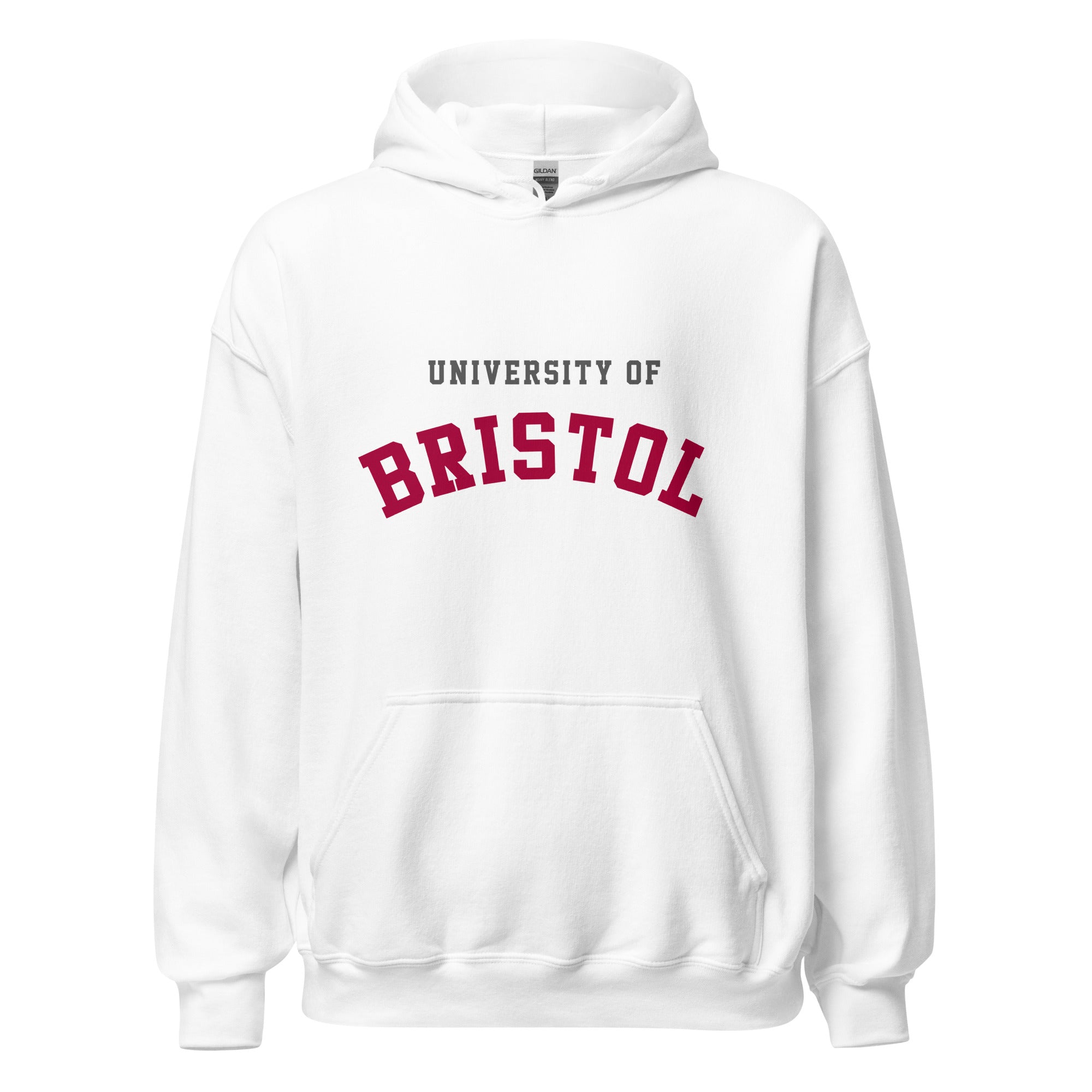 Unisex navy blue hoodie featuring University of Bristol logo printed across the front chest