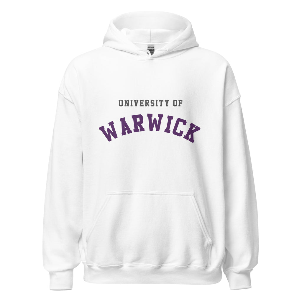 Unisex navy blue hoodie featuring University of Warwick logo printed across the front chest