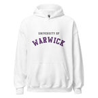 Unisex navy blue hoodie featuring University of Warwick logo printed across the front chest