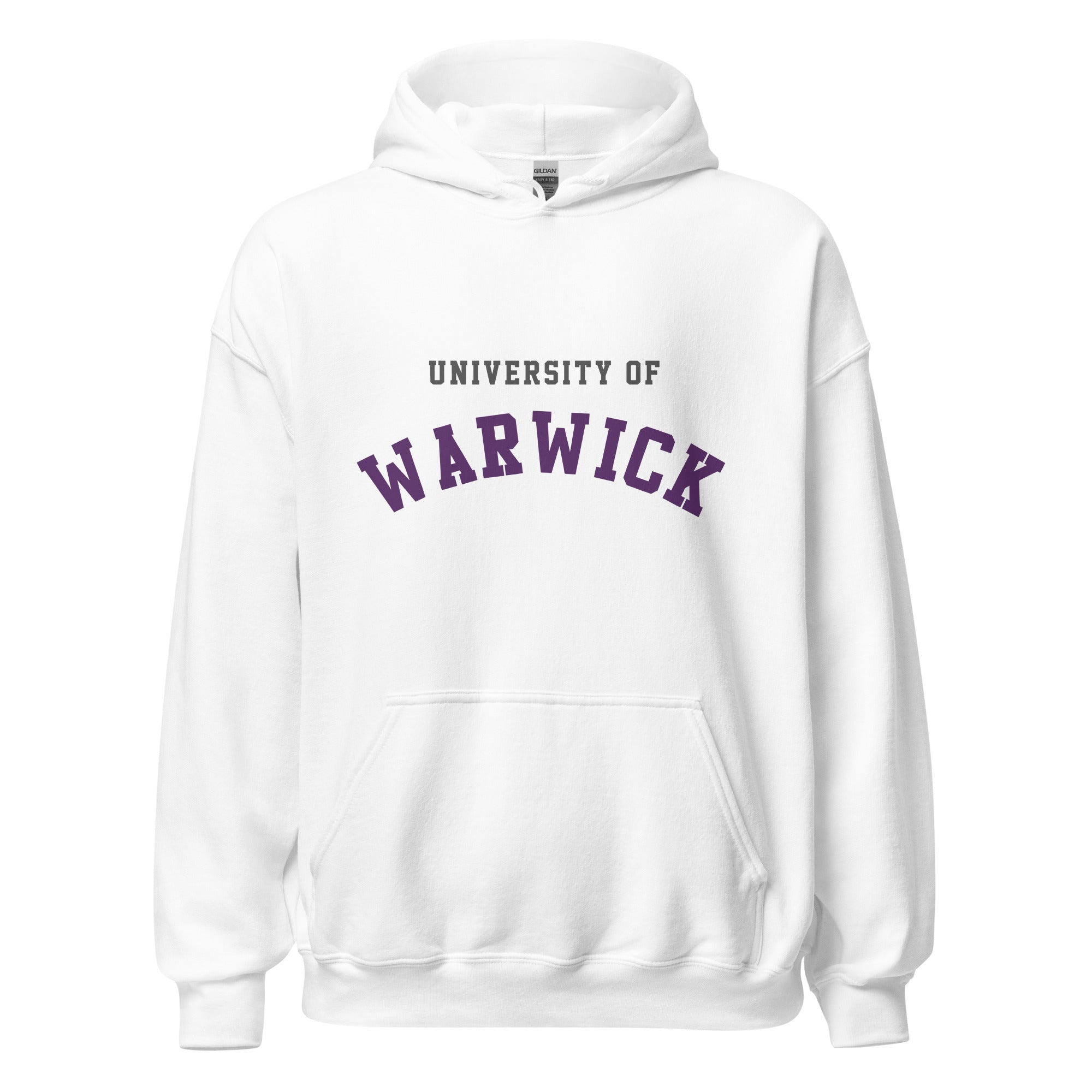 Unisex navy blue hoodie featuring University of Warwick logo printed across the front chest