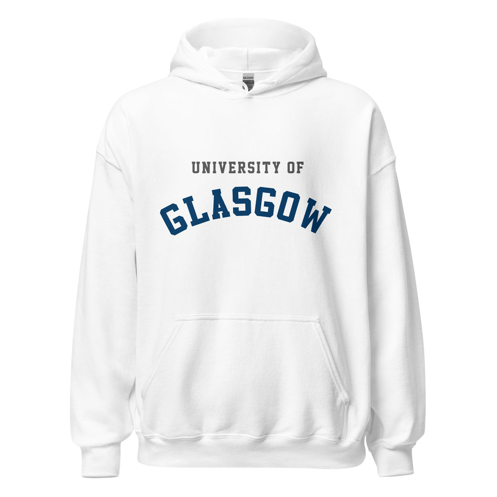 Unisex navy blue hoodie featuring University of Glasgow logo printed across the front chest