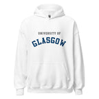 Unisex navy blue hoodie featuring University of Glasgow logo printed across the front chest