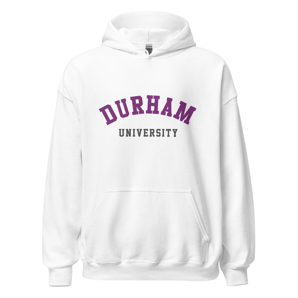 Unisex navy blue hoodie featuring Durham University logo printed across the front chest