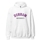 Unisex navy blue hoodie featuring Durham University logo printed across the front chest