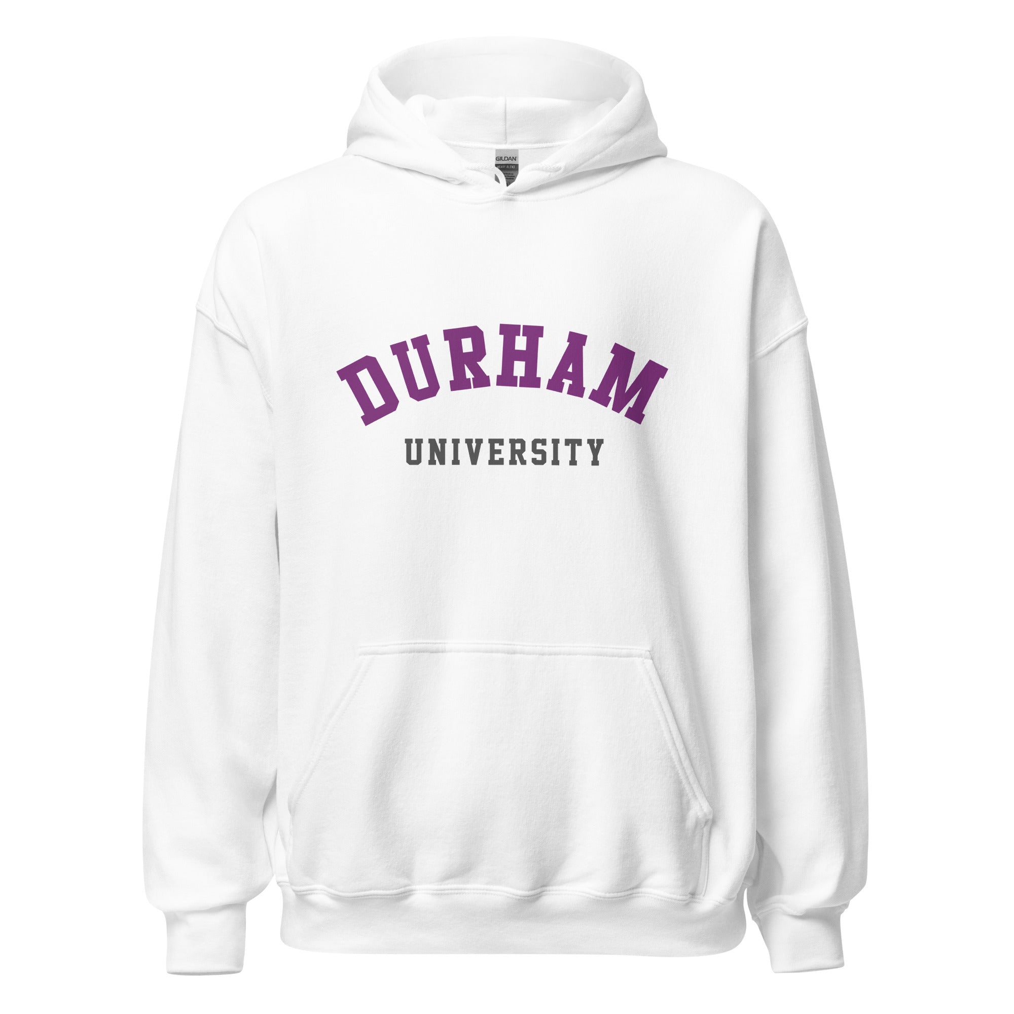 Unisex navy blue hoodie featuring Durham University logo printed across the front chest