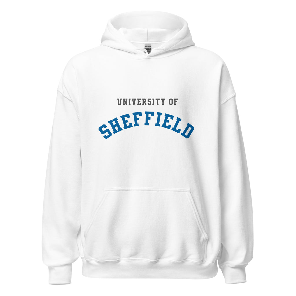 Unisex black hoodie featuring University of Sheffield logo printed across the front chest