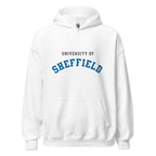 Unisex black hoodie featuring University of Sheffield logo printed across the front chest