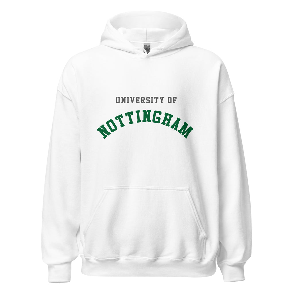 Unisex navy blue hoodie featuring University of Nottingham logo printed across the front chest