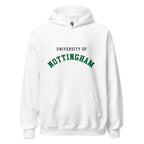Unisex navy blue hoodie featuring University of Nottingham logo printed across the front chest