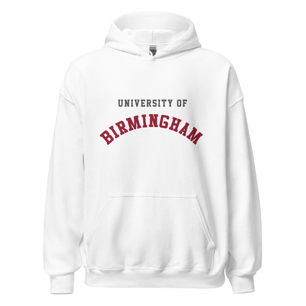 Unisex navy blue hoodie featuring University of Birmingham logo printed across the front chest