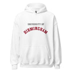 Unisex navy blue hoodie featuring University of Birmingham logo printed across the front chest