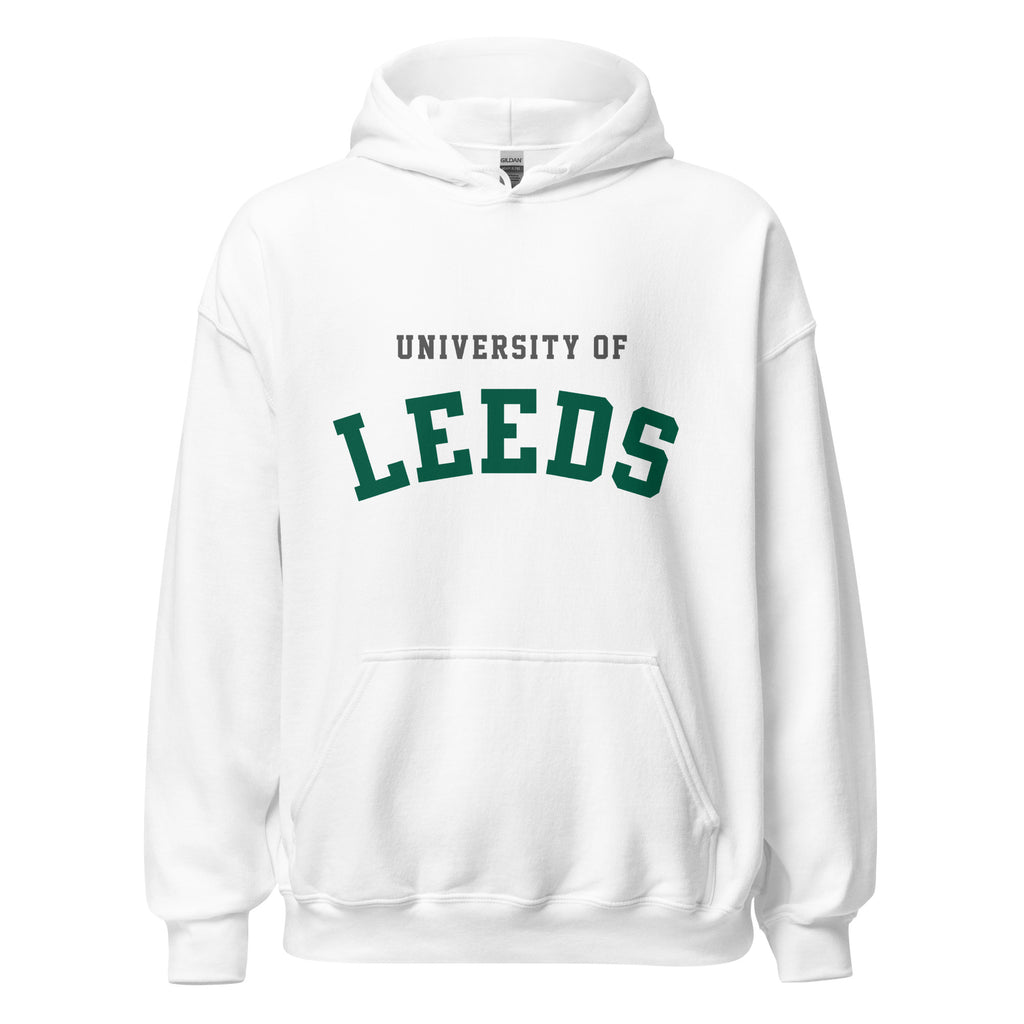 Unisex heather gray hoodie featuring University of Leeds logo printed across the front chest