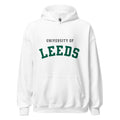 Unisex heather gray hoodie featuring University of Leeds logo printed across the front chest