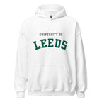 Unisex heather gray hoodie featuring University of Leeds logo printed across the front chest