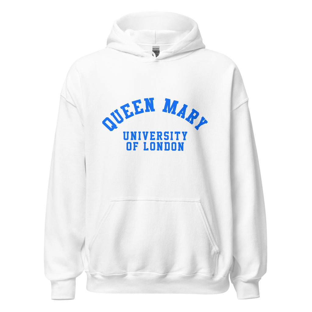 Unisex navy blue hoodie featuring Queen Mary University of London logo printed across the front chest