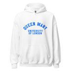 Unisex navy blue hoodie featuring Queen Mary University of London logo printed across the front chest
