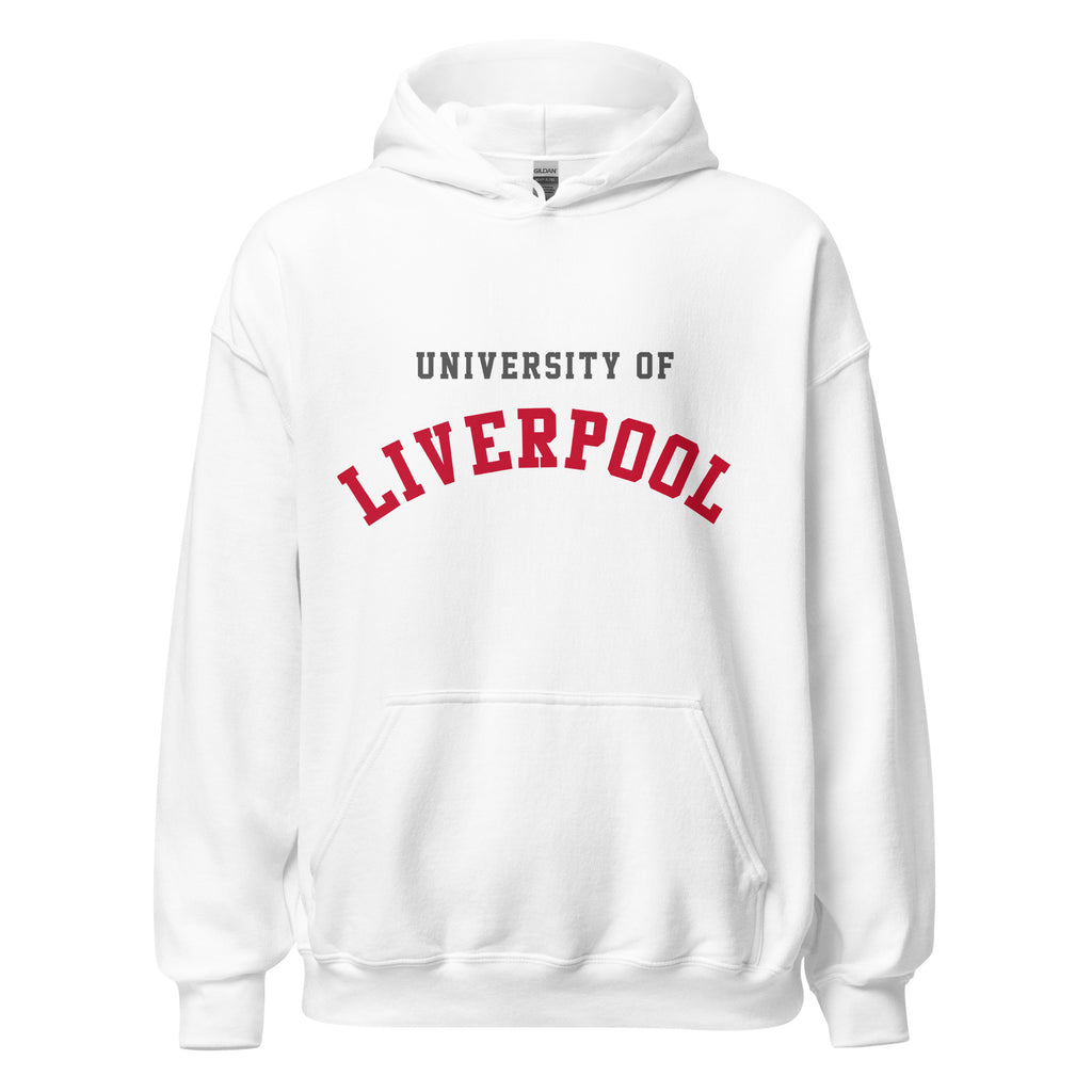 Unisex navy blue hoodie featuring University of Liverpool logo printed across the front chest