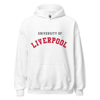 Unisex navy blue hoodie featuring University of Liverpool logo printed across the front chest
