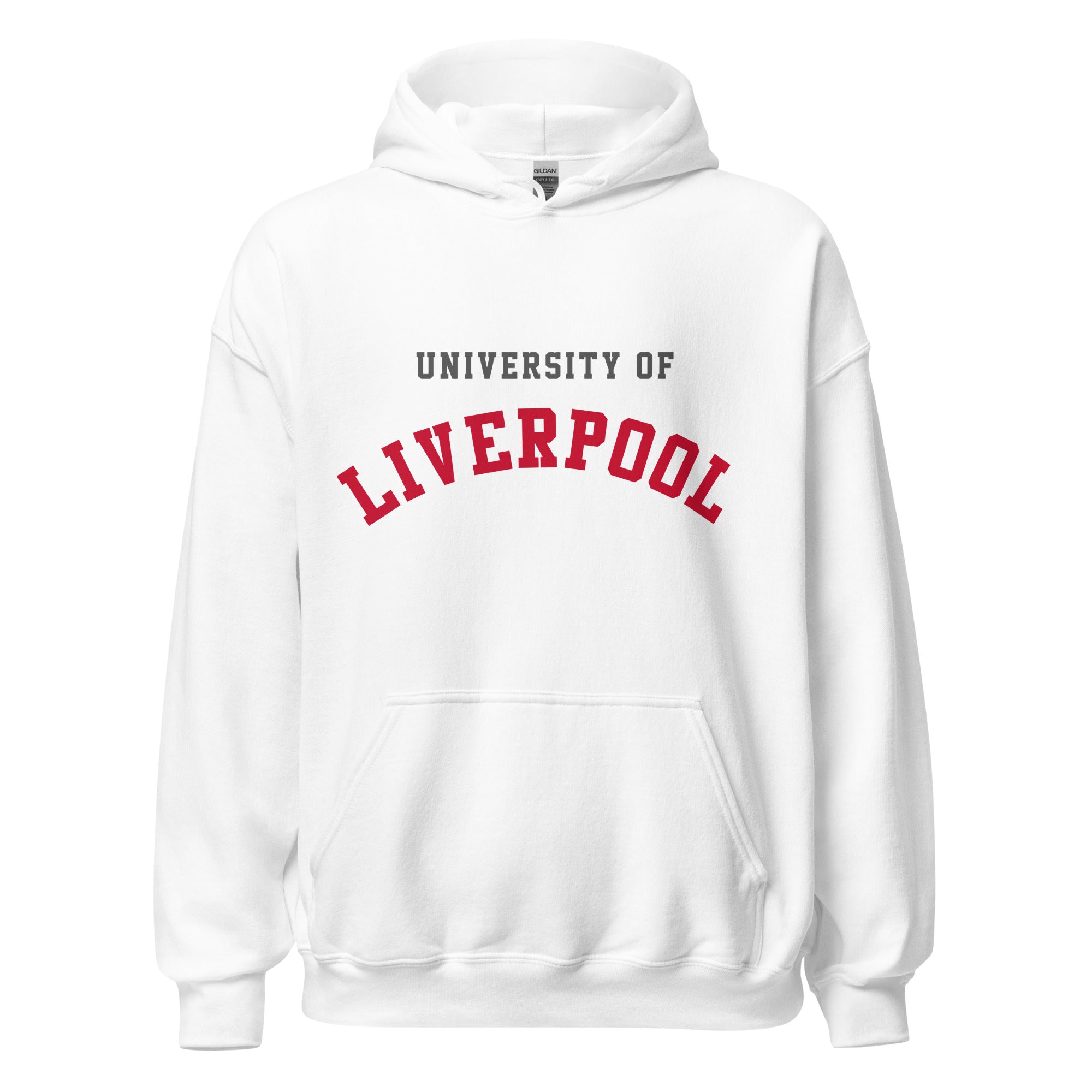 Unisex navy blue hoodie featuring University of Liverpool logo printed across the front chest
