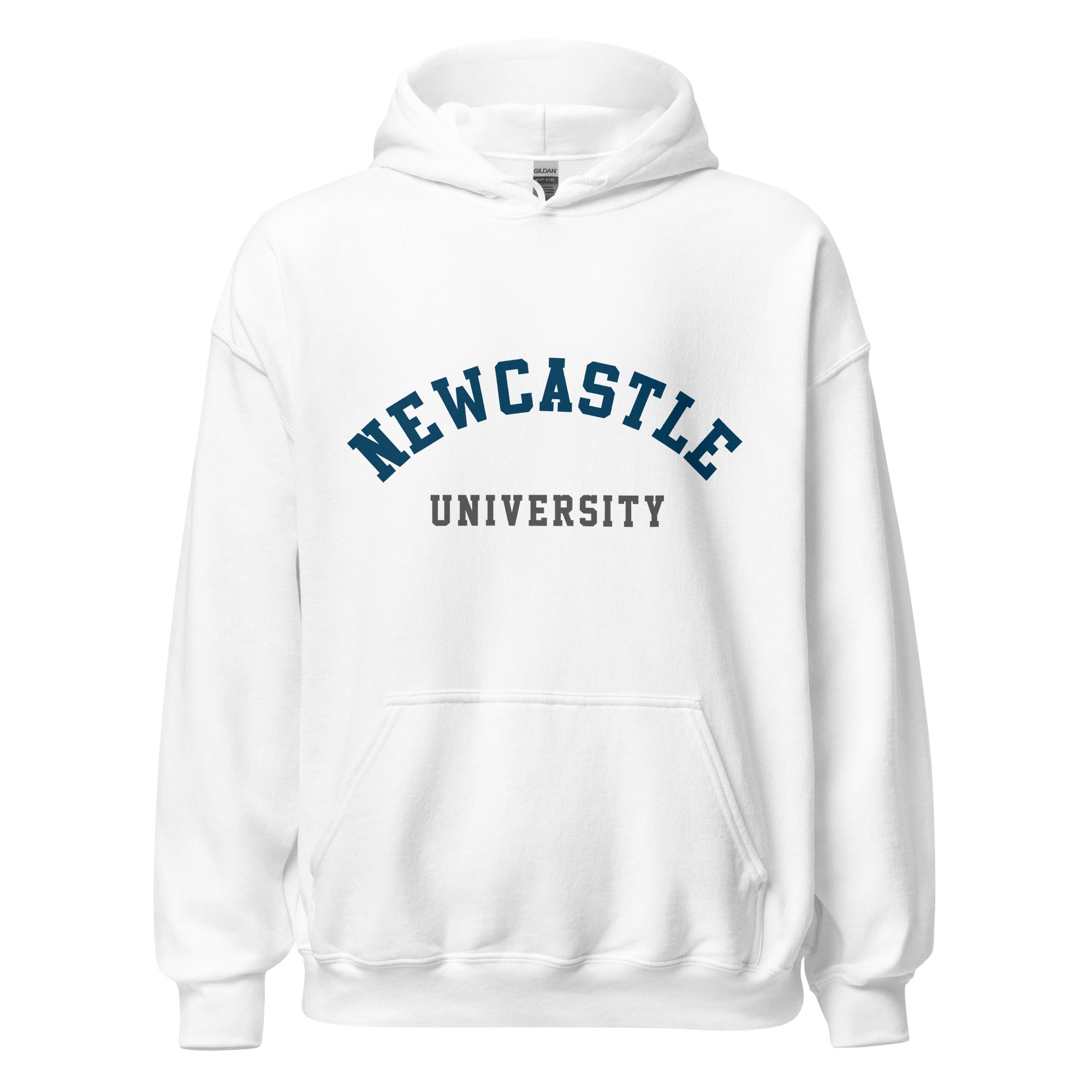 Unisex navy blue hoodie featuring Newcastle University logo printed across the front chest