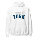 Unisex navy blue hoodie featuring University of York logo printed across the front chest