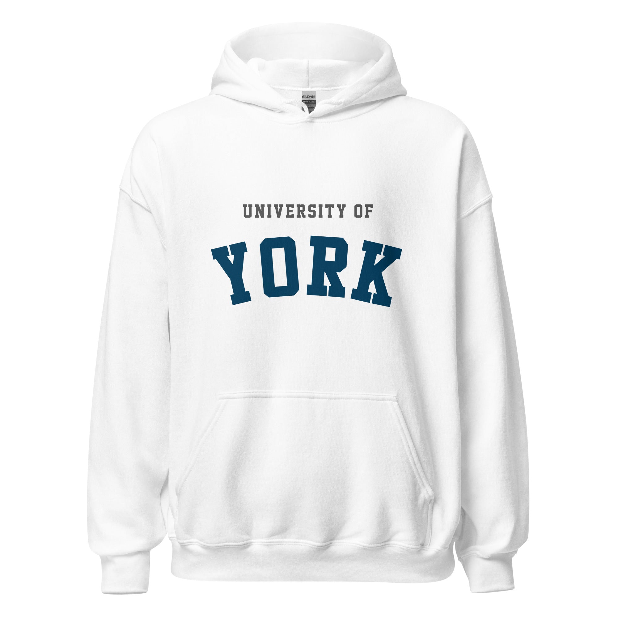 Unisex navy blue hoodie featuring University of York logo printed across the front chest