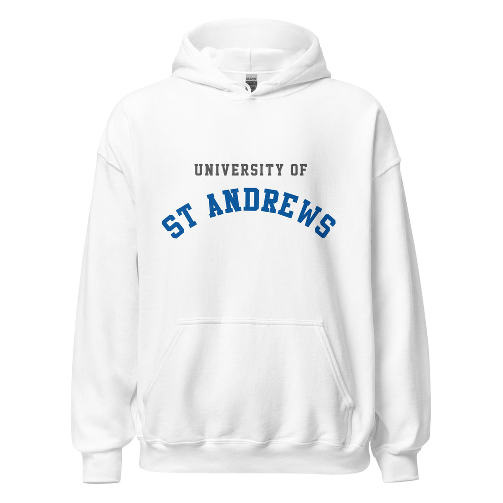 Unisex navy blue hoodie featuring University of St Andrews logo printed across the front chest