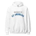 Unisex navy blue hoodie featuring University of St Andrews logo printed across the front chest