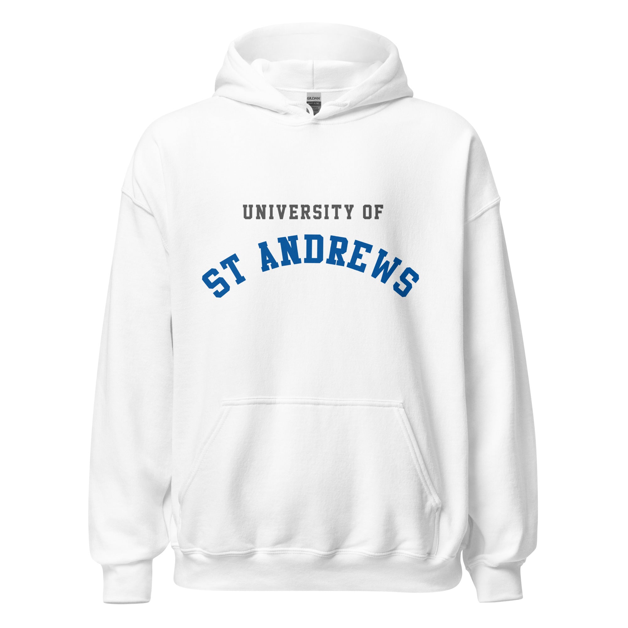 Unisex navy blue hoodie featuring University of St Andrews logo printed across the front chest