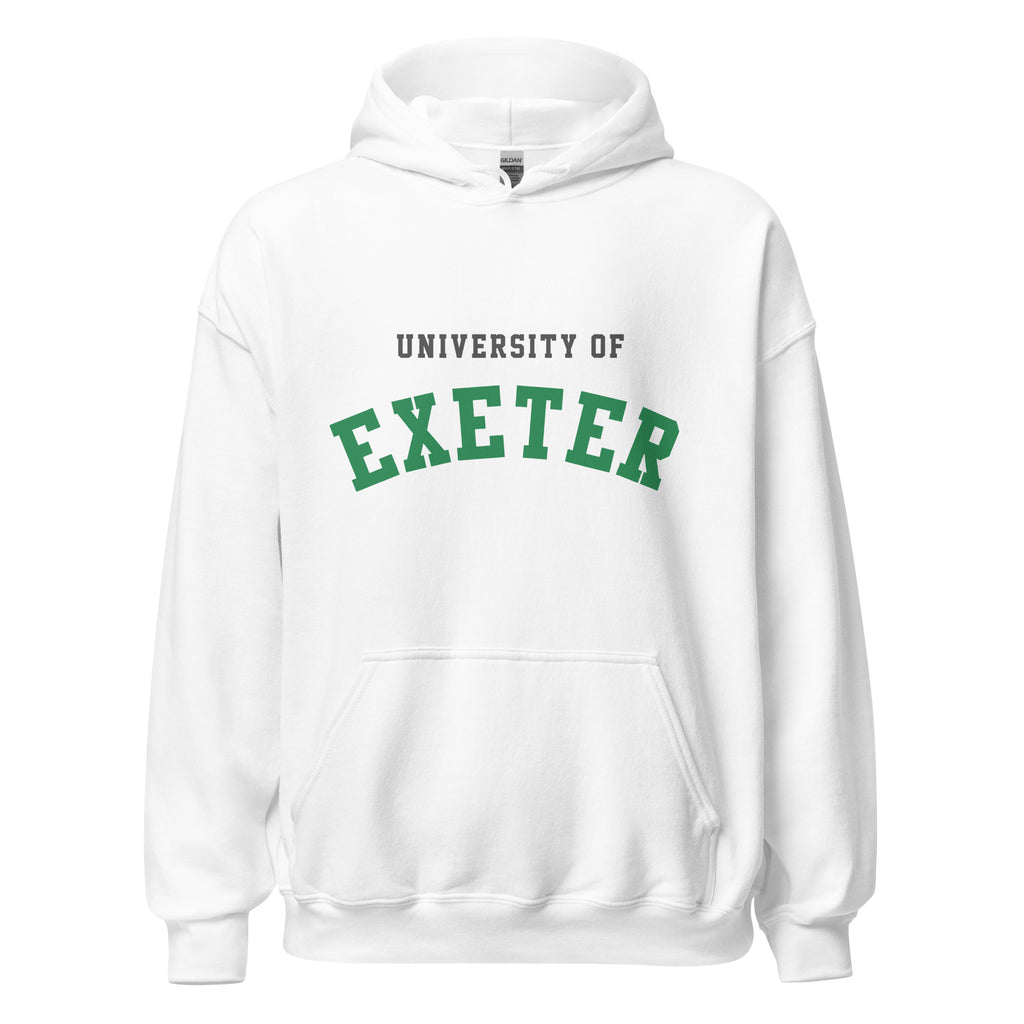 Unisex navy blue hoodie featuring University of Exeter logo printed across the front chest