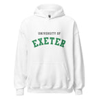 Unisex navy blue hoodie featuring University of Exeter logo printed across the front chest