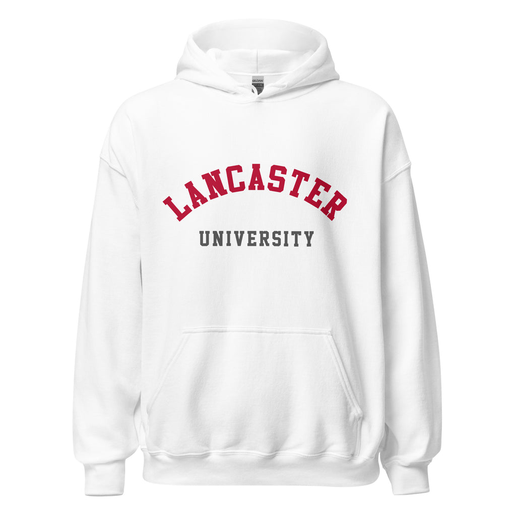 Unisex navy blue hoodie featuring Lancaster University logo printed across the front chest