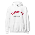 Unisex navy blue hoodie featuring Lancaster University logo printed across the front chest