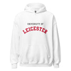 Unisex navy blue hoodie featuring University of Leicester logo printed across the front chest