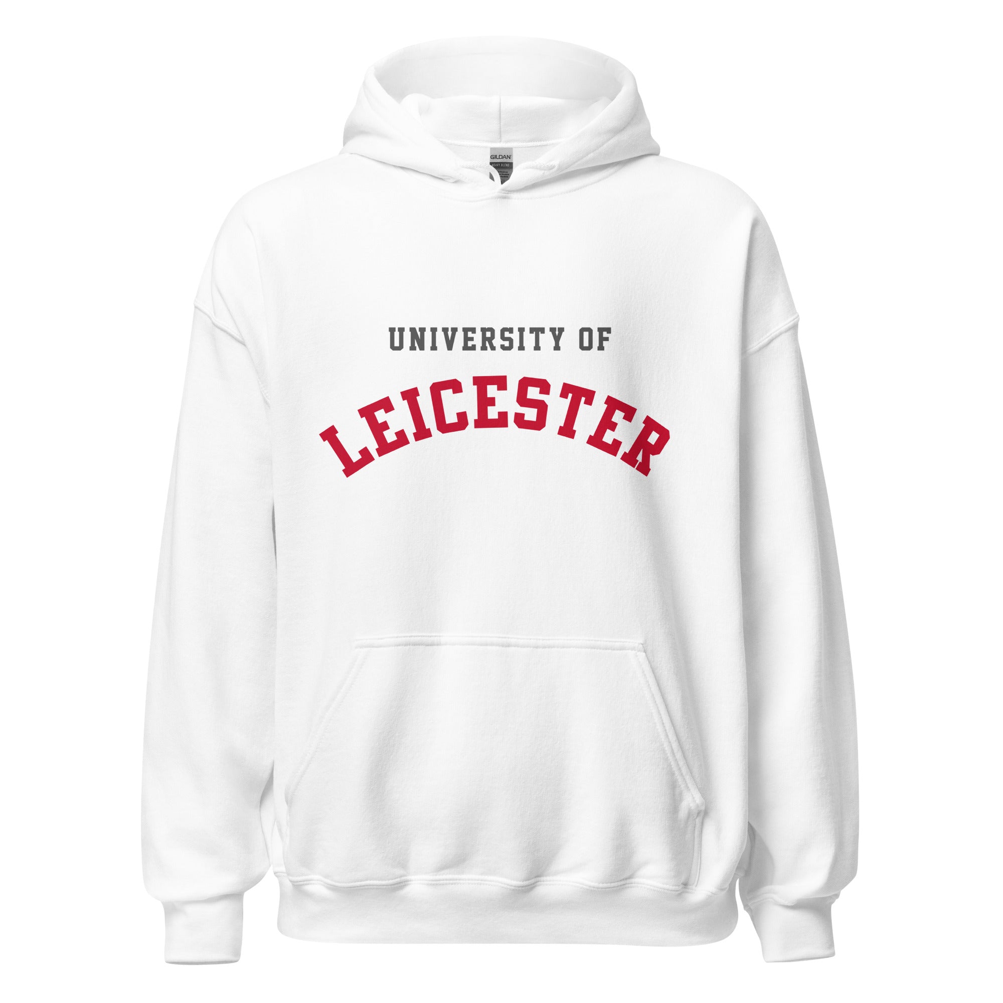 Unisex navy blue hoodie featuring University of Leicester logo printed across the front chest