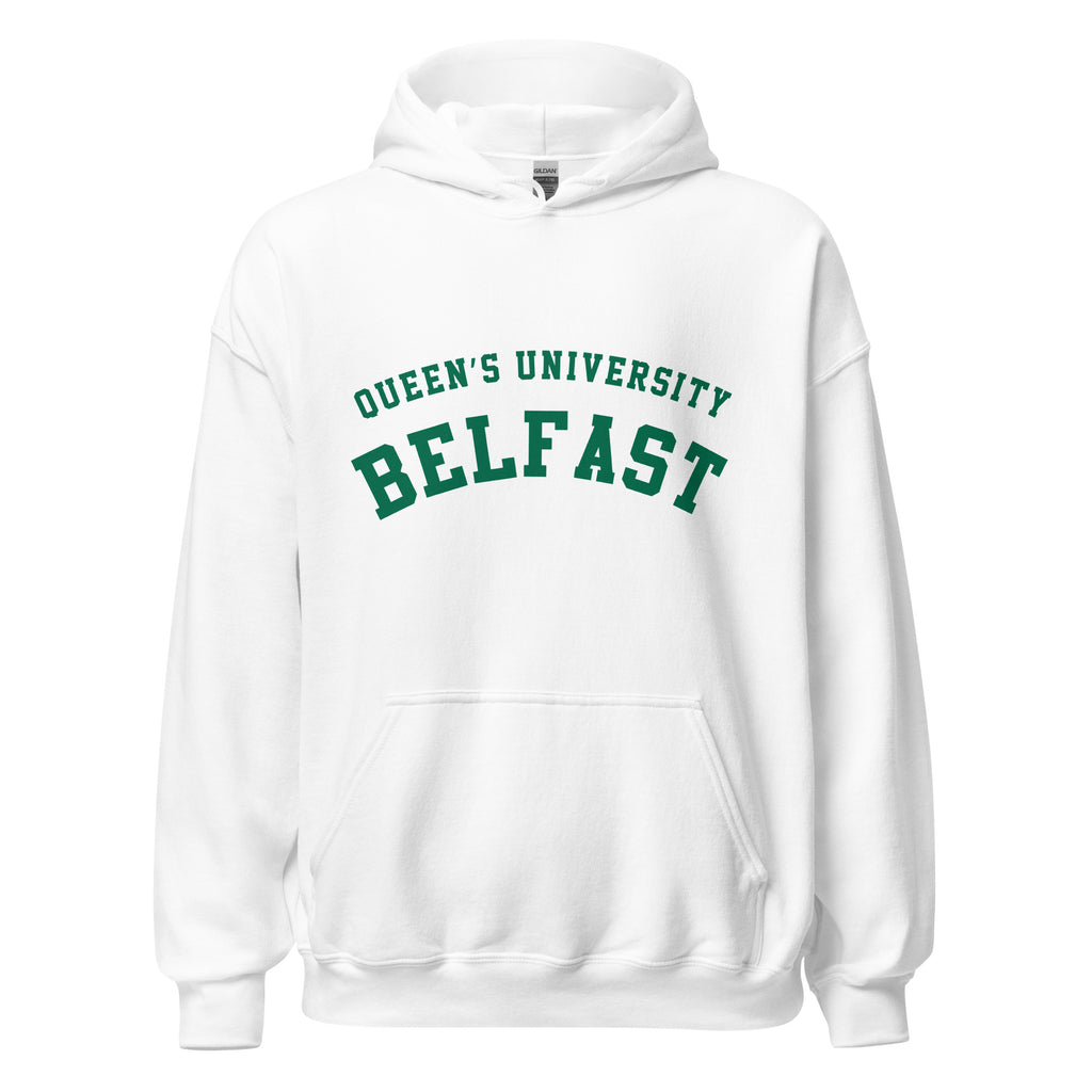 Unisex navy blue hoodie featuring Queen's University Belfast logo printed across the front chest