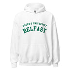Unisex navy blue hoodie featuring Queen's University Belfast logo printed across the front chest