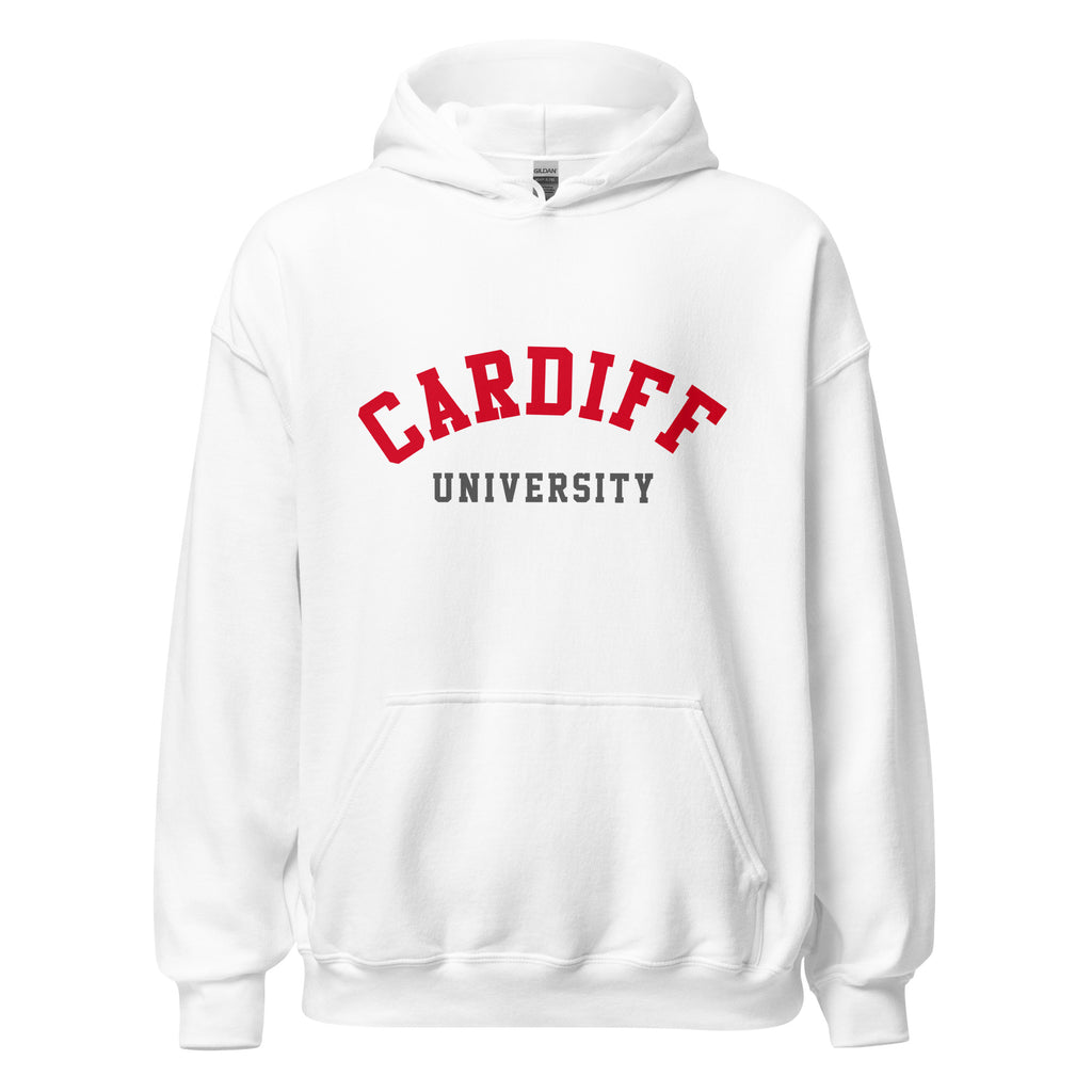 Unisex navy blue hoodie featuring Cardiff University logo printed across the front chest