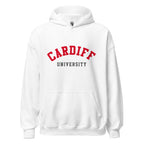 Unisex navy blue hoodie featuring Cardiff University logo printed across the front chest