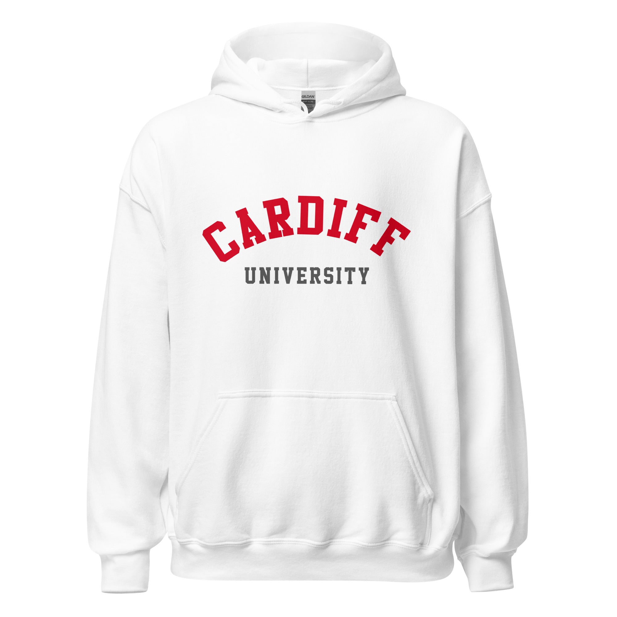 Unisex navy blue hoodie featuring Cardiff University logo printed across the front chest