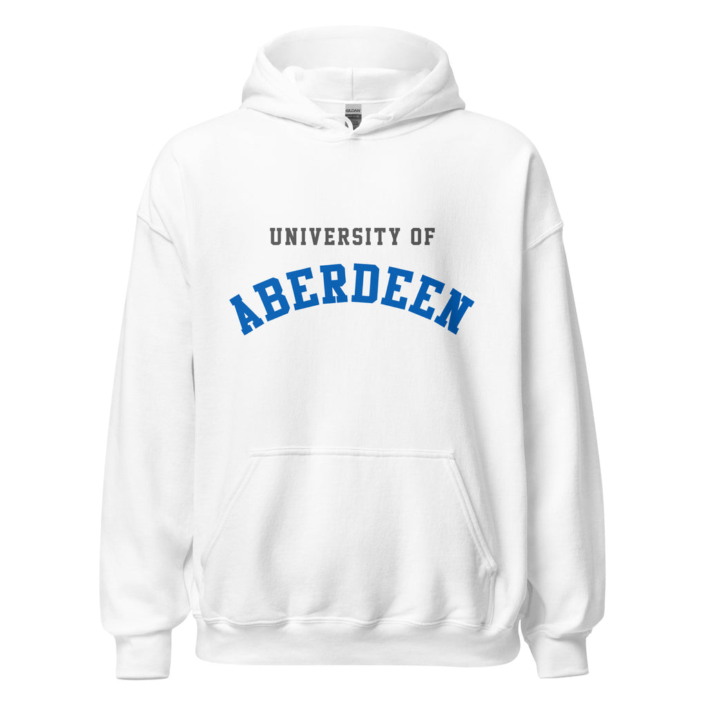 Unisex navy blue hoodie featuring University of Aberdeen logo printed across the front chest