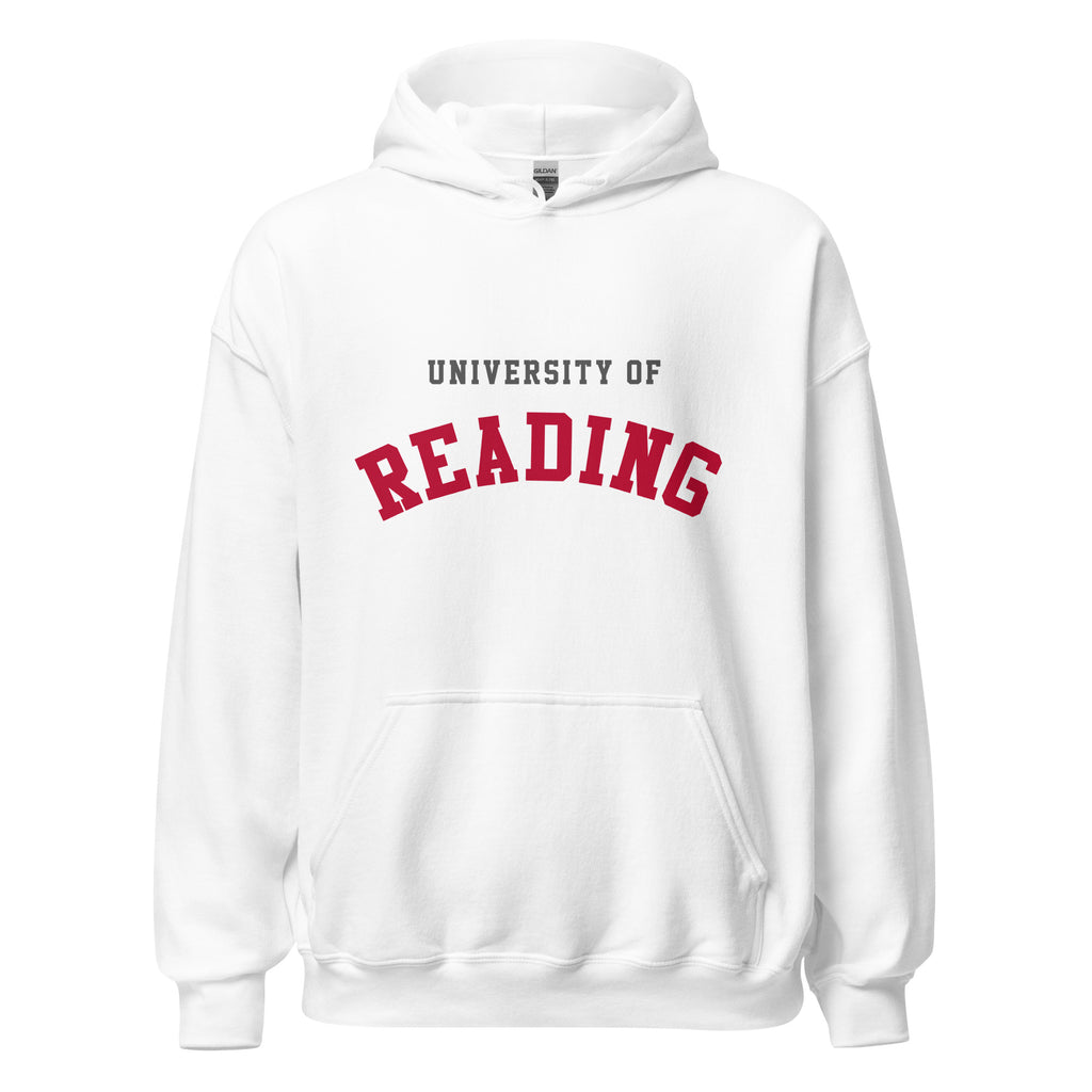Unisex navy blue hoodie featuring University of Reading logo printed across the front chest
