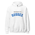 Unisex navy blue hoodie featuring University of Sussex logo printed across the front chest