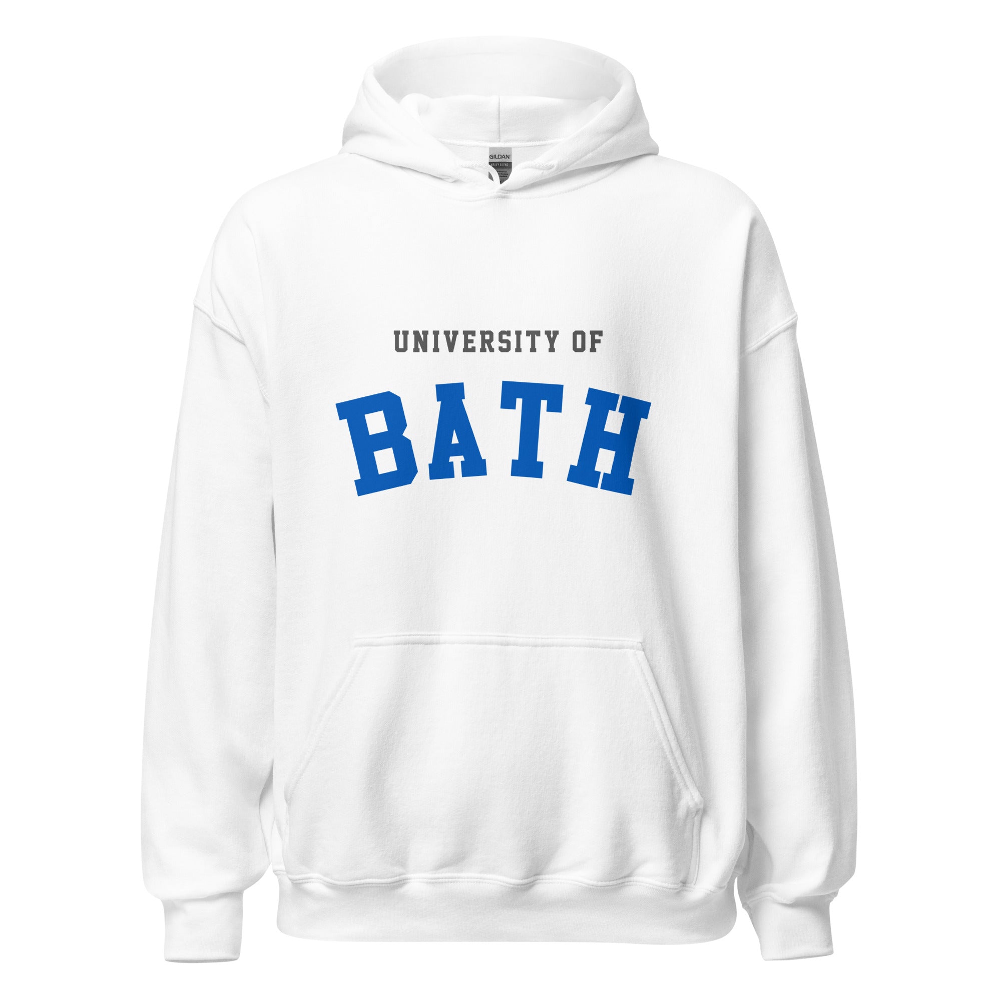Unisex navy blue hoodie featuring University of Bath logo printed across the front chest