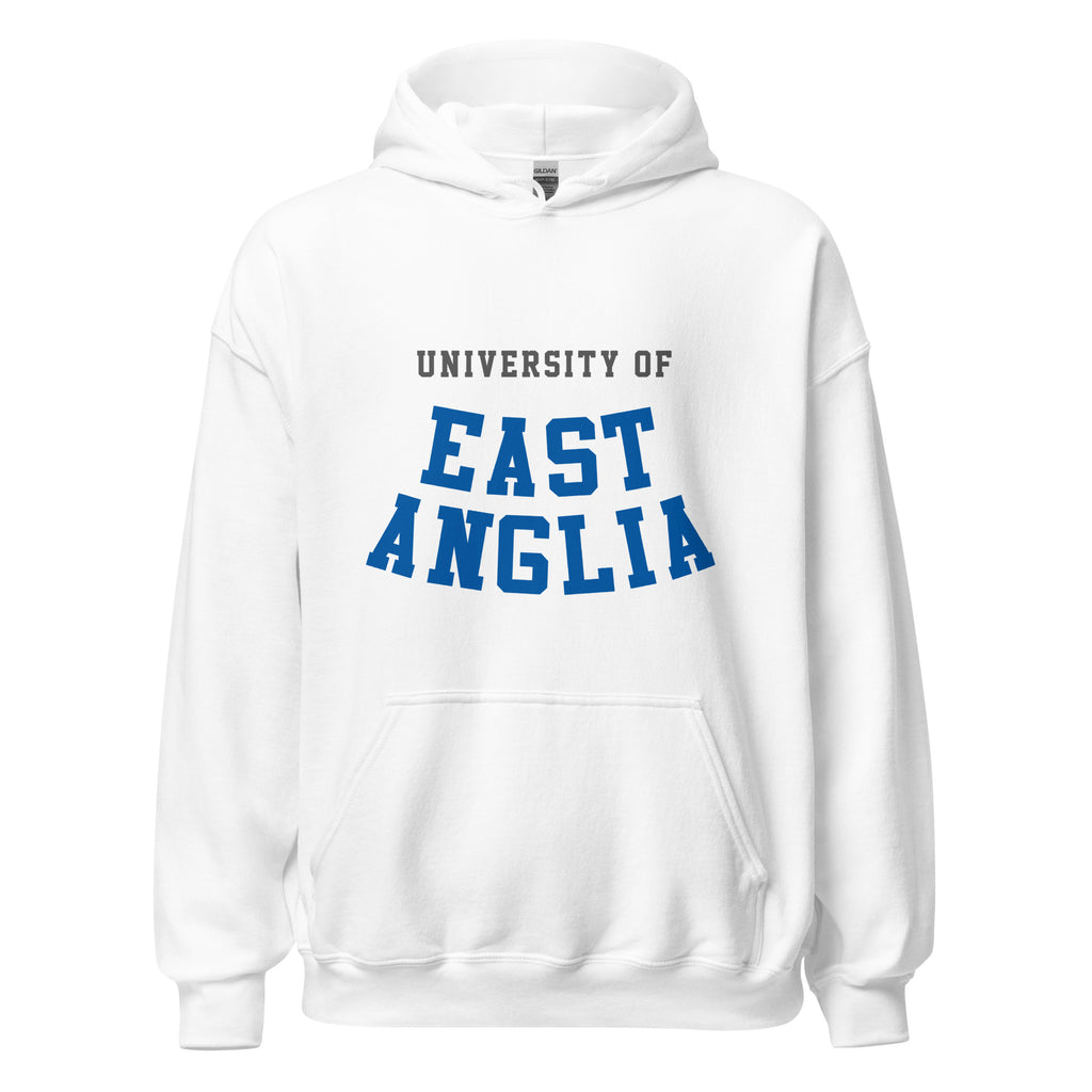 Unisex navy blue hoodie featuring University of East Anglia logo printed across the front chest