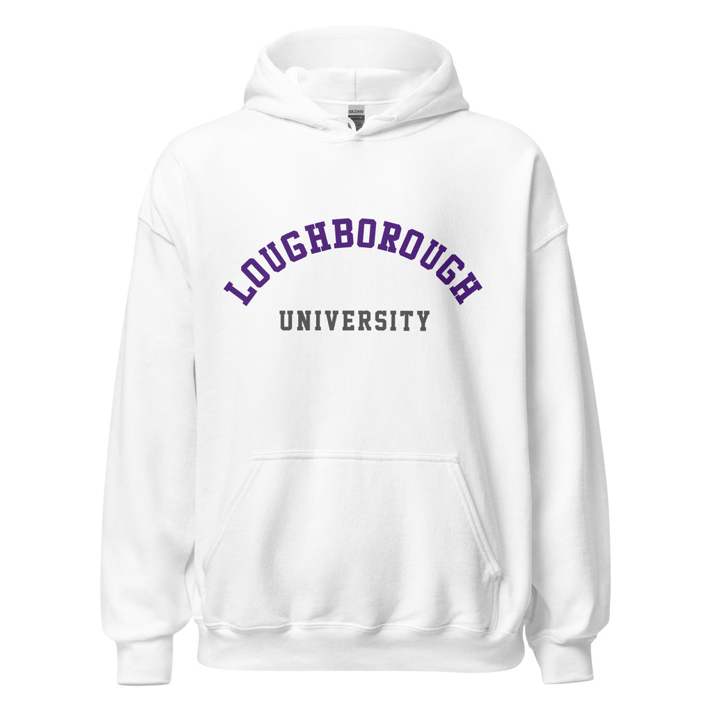 Unisex navy blue hoodie featuring Loughborough University logo printed across the front chest