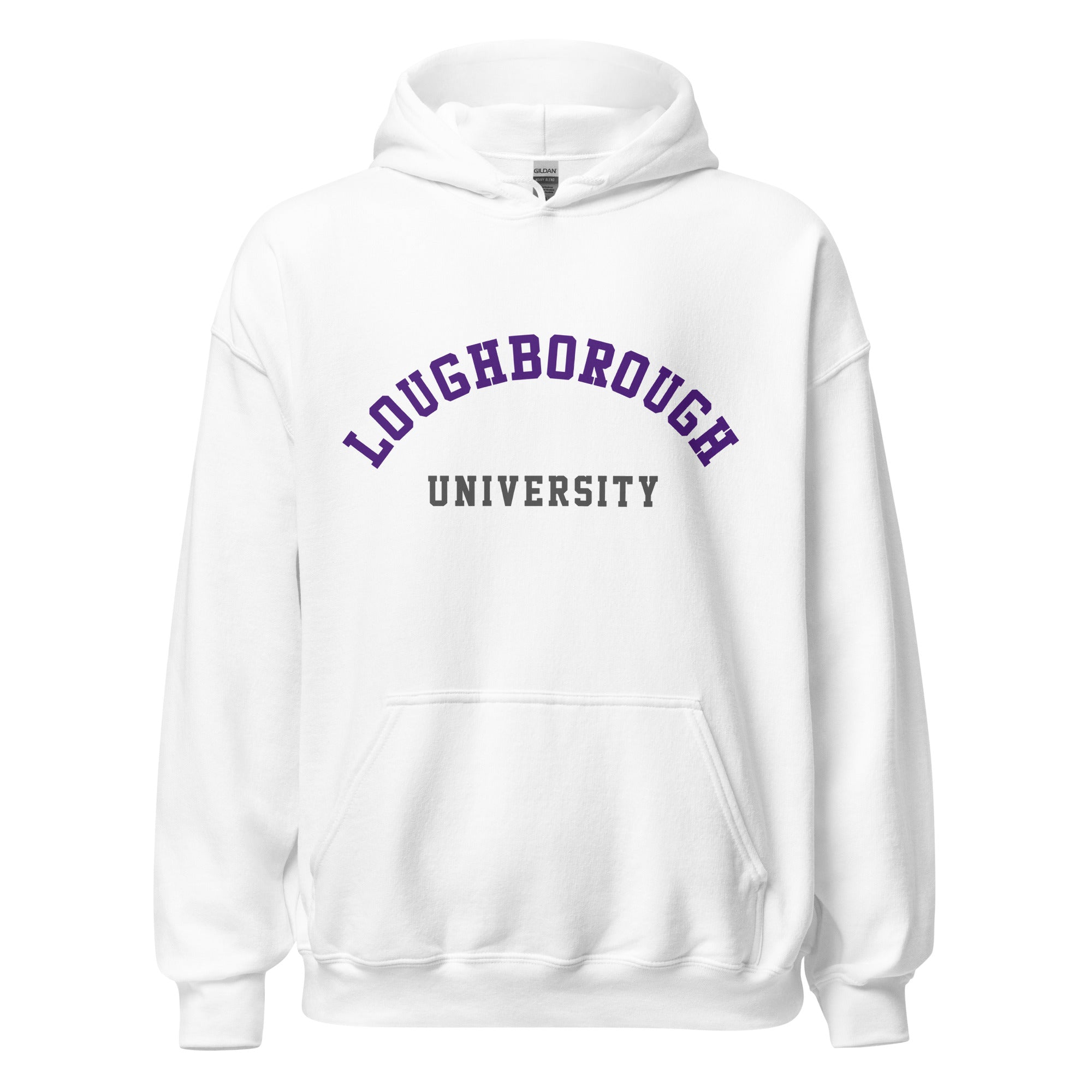 Unisex navy blue hoodie featuring Loughborough University logo printed across the front chest